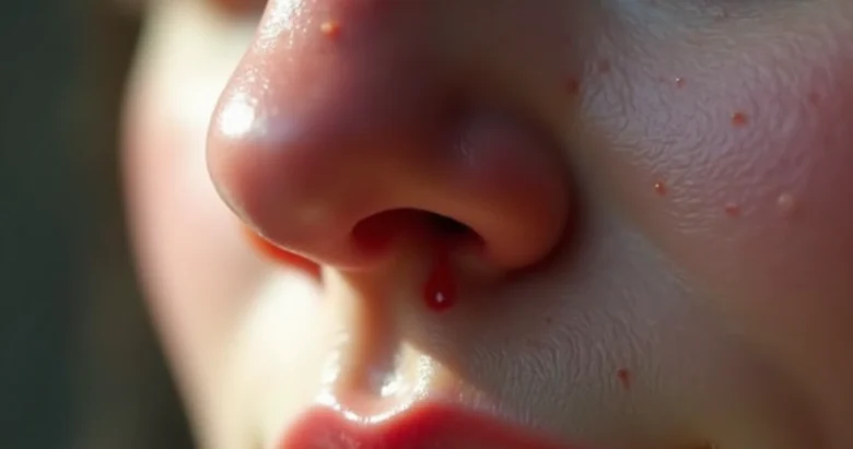 Close-up de nariz com gotículas de sangue escorrendo das narinas