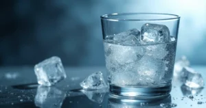 Copo de vidro transparente com água com gás e gelo em superfície reflexiva