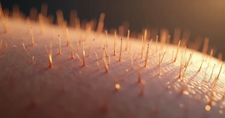 Close-up de pele humana com pequenos pelos arrepiados exibindo efeito de arrepios