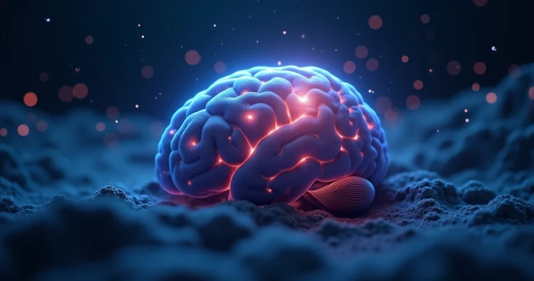 Ilustração realista do cérebro humano iluminado com áreas ativas durante o sono e ondas cerebrais visíveis no fundo