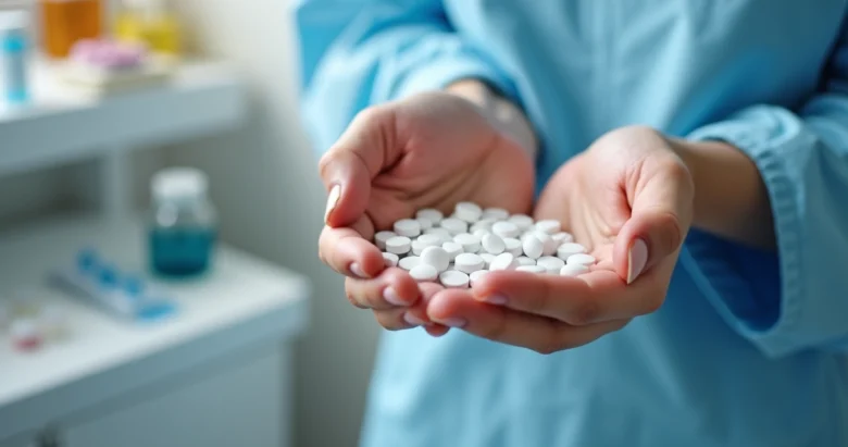 Mãos segurando pílulas brancas representando o efeito placebo em ambiente clínico