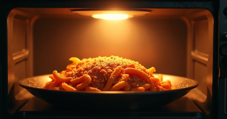 Micro-ondas aberto com prato de comida aquecendo dentro, luz interna brilhante e painel digital ao lado