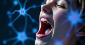 Pessoa bocejando com ilustração transparente de neurônios no fundo